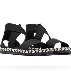 Sorel Ella lI Black Leather Arrow Chevron Jute Espadrille Elastic Sandal EUC SZ9